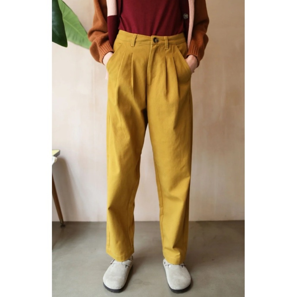 L.F.Markey Mustard Pleated Wide Leg Cotton Twill Classic Slacks Pants US 12